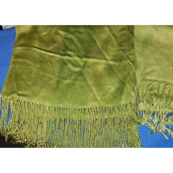 Scarf Shawl Olive Green Fringed Rayon - Picture 3 of 7